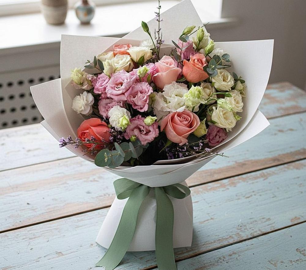 Букет цветов из: Розы, Лизиантусы и Гвоздики в Самойловке