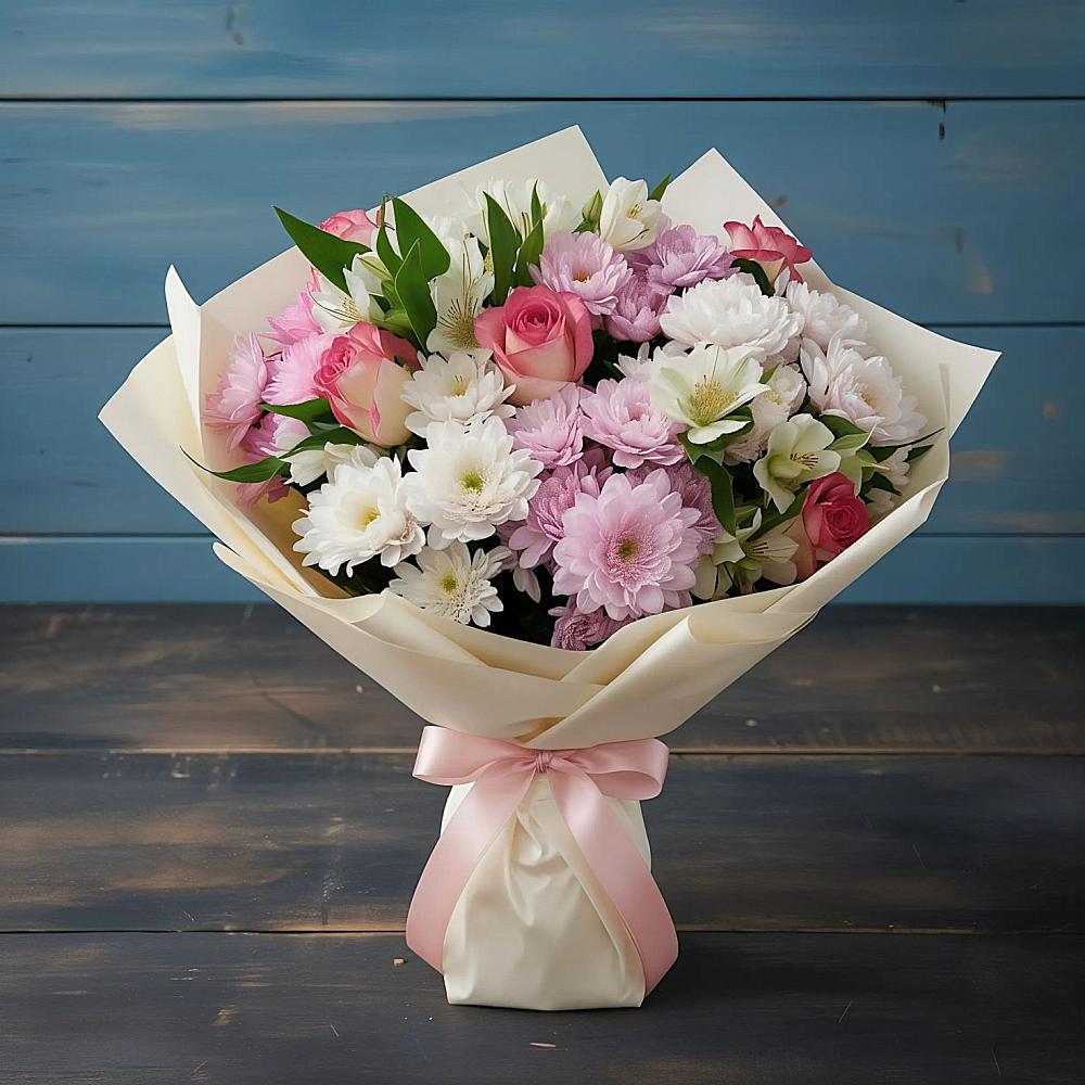 Букет цветов из: Хризантемы, Альстромерии и Розы в Самойловке